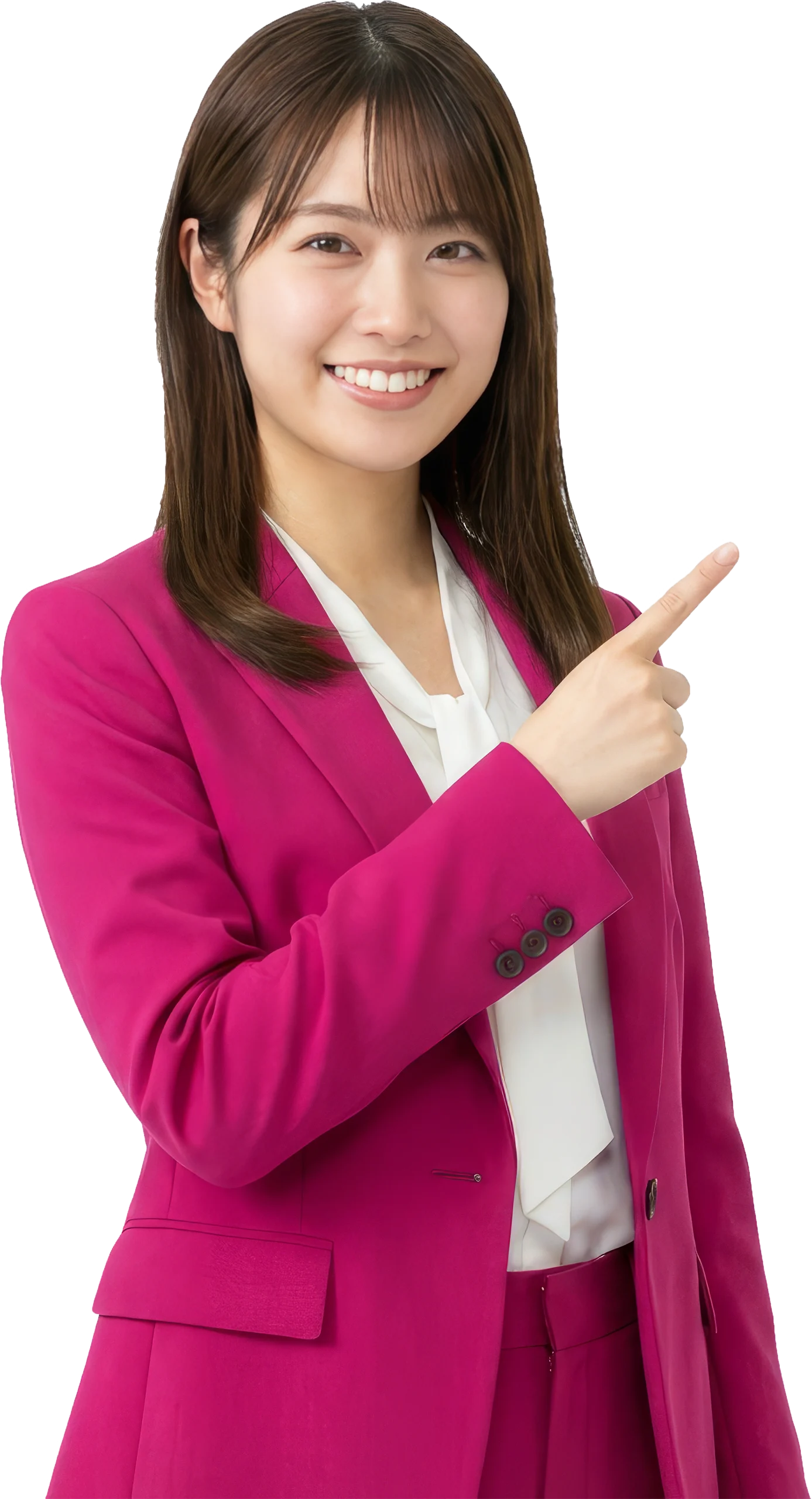 AIとノーコードのホームページ制作を笑顔で案内する女性。