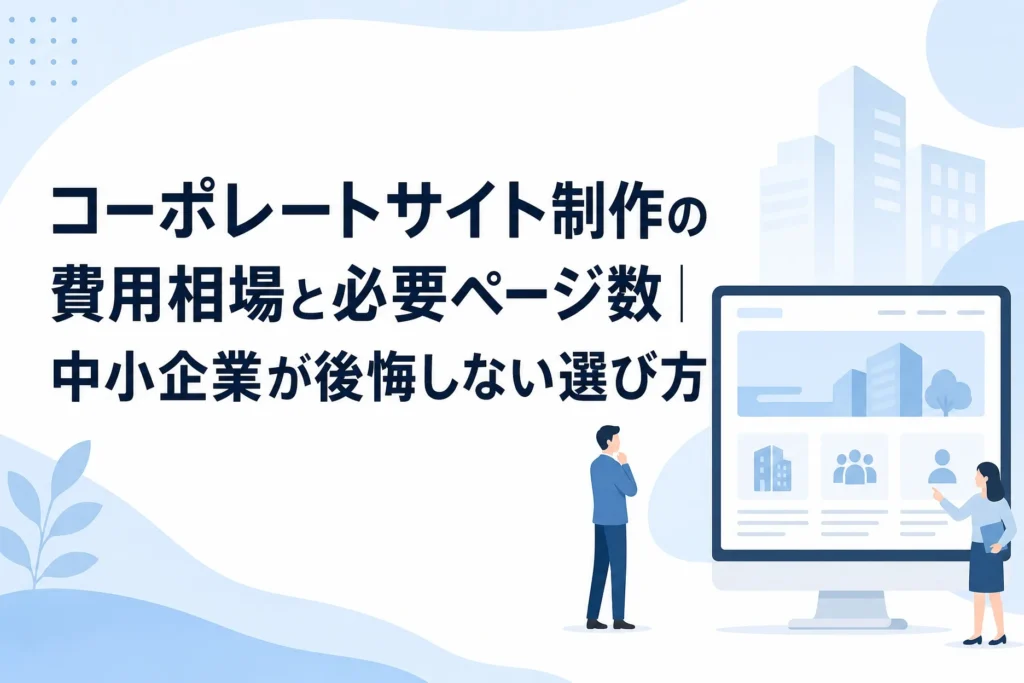 コーポレートサイト制作の費用相場と必要ページ数、中小企業が後悔しない選び方について、AIホームページ制作の画面を見ながら相談するビジネスパーソン。