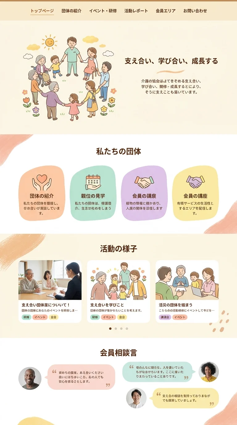 介護や地域コミュニティにおける世代間の支え合いと学びを表現した団体のウェブサイトのスクリーンショット。