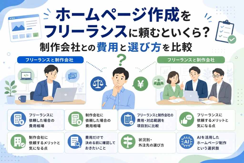 ホームページ制作をフリーランスと制作会社に依頼する際の費用や選び方を比較し、AI活用による新たな選択肢を提示する図。