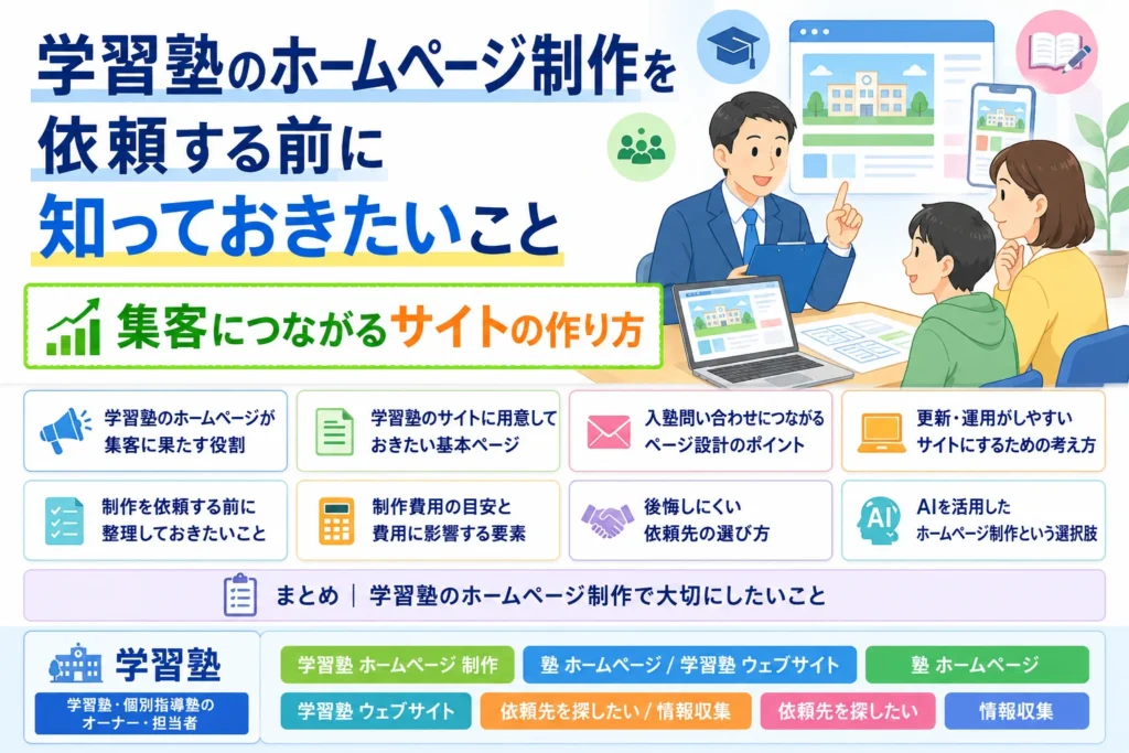 AIを活用した学習塾のホームページ制作について、コンサルタントが親子に集客につながるサイトの作り方を説明するイラスト。