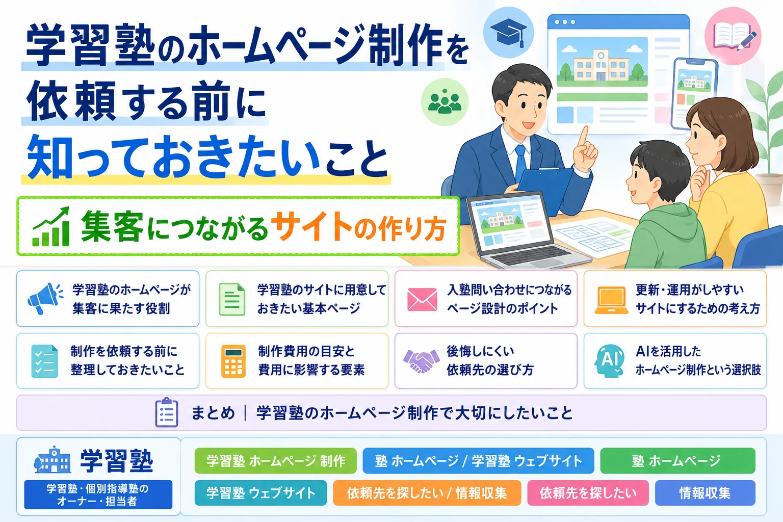AIを活用した学習塾のホームページ制作について、コンサルタントが親子に集客につながるサイトの作り方を説明するイラスト。