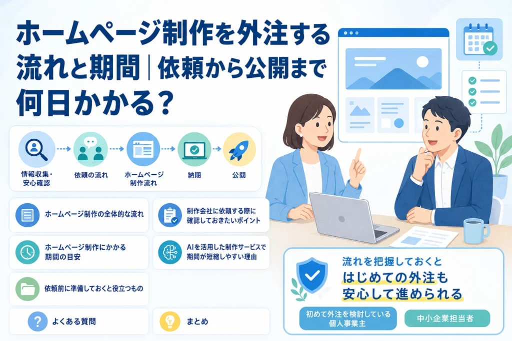 AIホームページ制作の外注の流れと期間について、ビジネスパーソンが相談し、工程をフローチャートで示す画像。