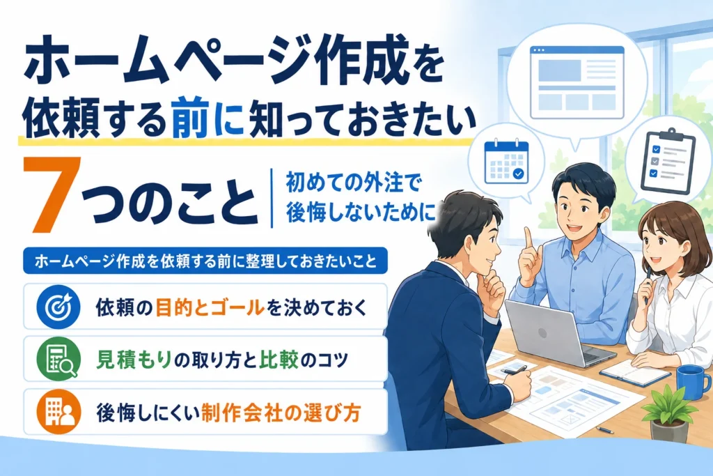 ホームページ制作の外注で後悔しないために、制作会社選びや見積もりなど7つのポイントを話し合うビジネスパーソンのイラスト。