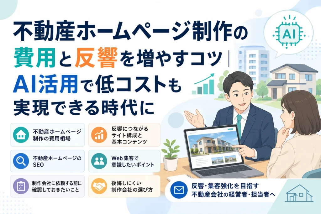 AIを活用した不動産ホームページ制作で、低コストで集客と反響を最大化するコツを説明するビジネスパーソンと不動産サイトが表示されたノートPCの画像。