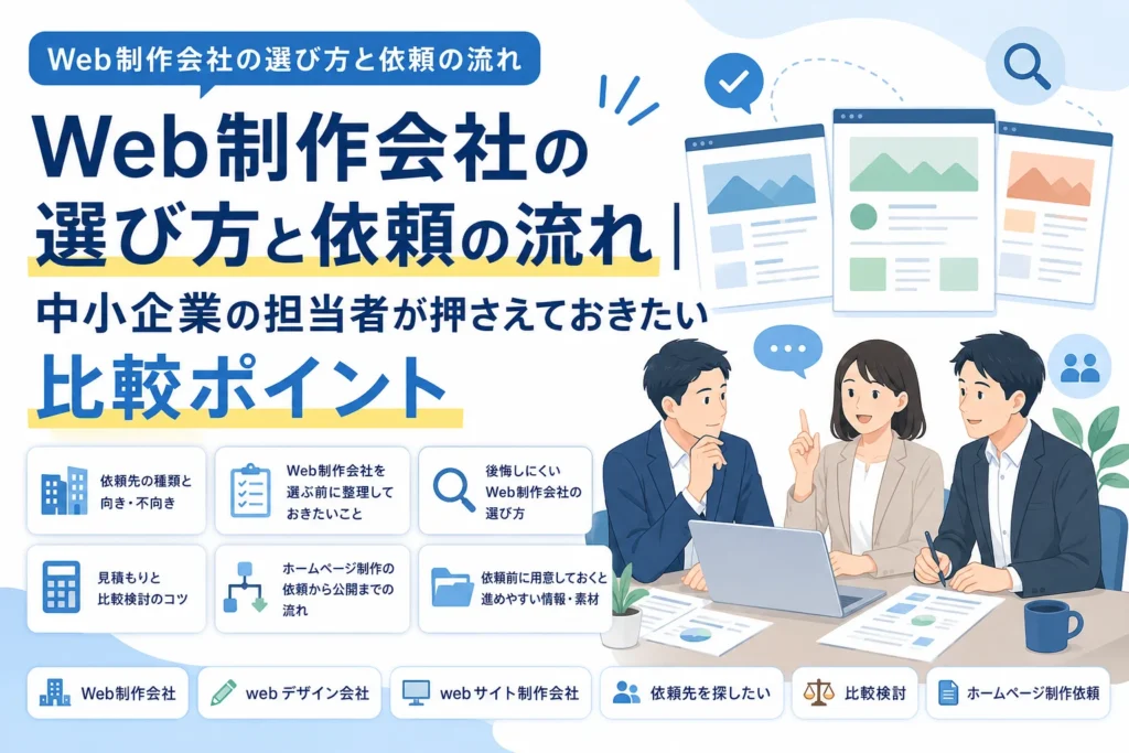AIホームページ制作を検討する中小企業担当者が、Web制作会社の選び方や依頼の流れ、比較ポイントについて話し合うイラスト。