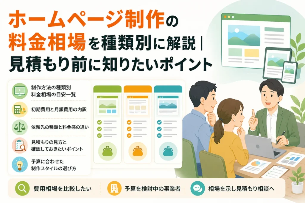 ホームページ制作の料金相場と見積もりポイントについて、AI・ノーコードでのオリジナルデザイン制作を相談する男女と担当者。