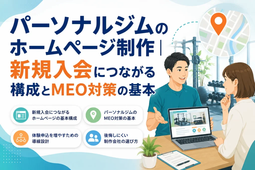 AIとノーコードでパーソナルジムの新規入会とMEO対策に効果的なオリジナルデザインのホームページ制作について、担当者がPCで顧客に説明するイラスト。