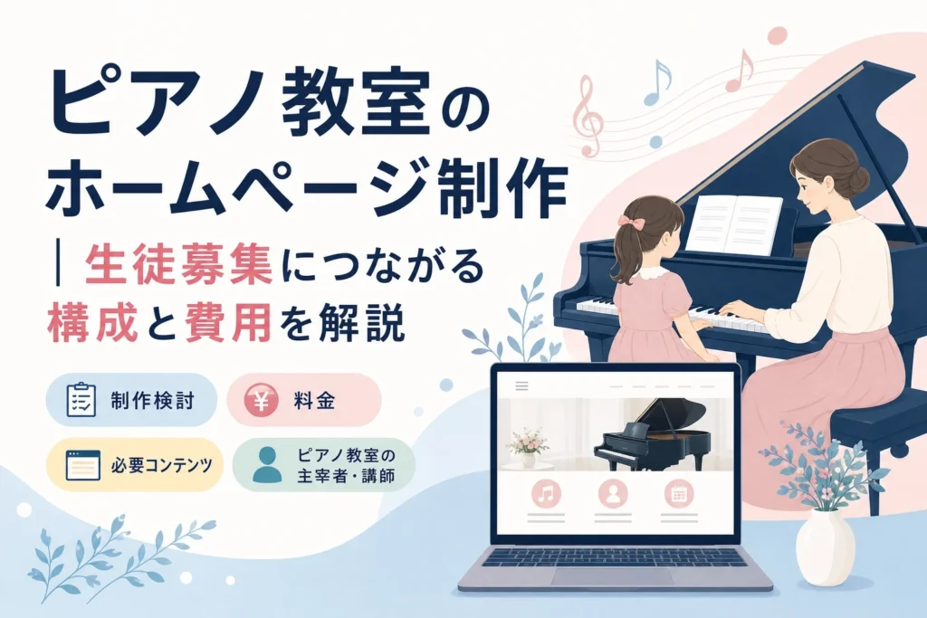 生徒募集につながるピアノ教室のホームページ制作の構成と費用を解説する、ピアノを弾く先生と生徒、ウェブサイトが表示されたノートPCのイラスト。