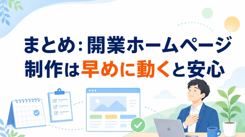 AIとノーコードで開業ホームページを制作する際、早めの着手でスムーズに進行し、安心して事業をスタートできる様子。