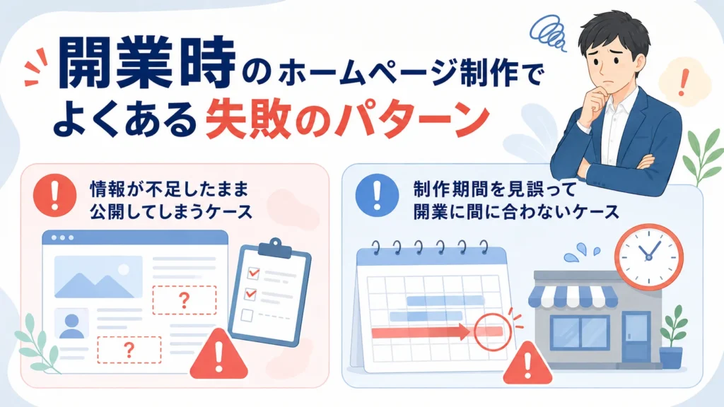 開業時のホームページ制作でよくある情報不足や納期遅延の失敗パターンを解説し、AIホームページ制作が解決できることを示唆するイラスト。