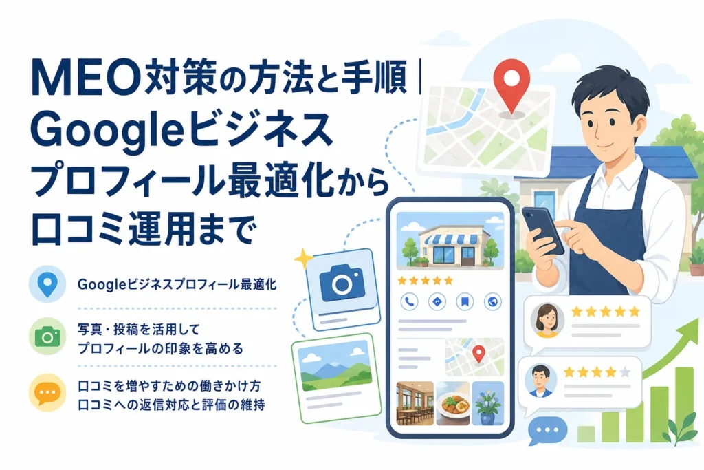 MEO対策として、Googleビジネスプロフィールの最適化から口コミ運用までをスマートフォンで管理する方法を示すイラスト。
