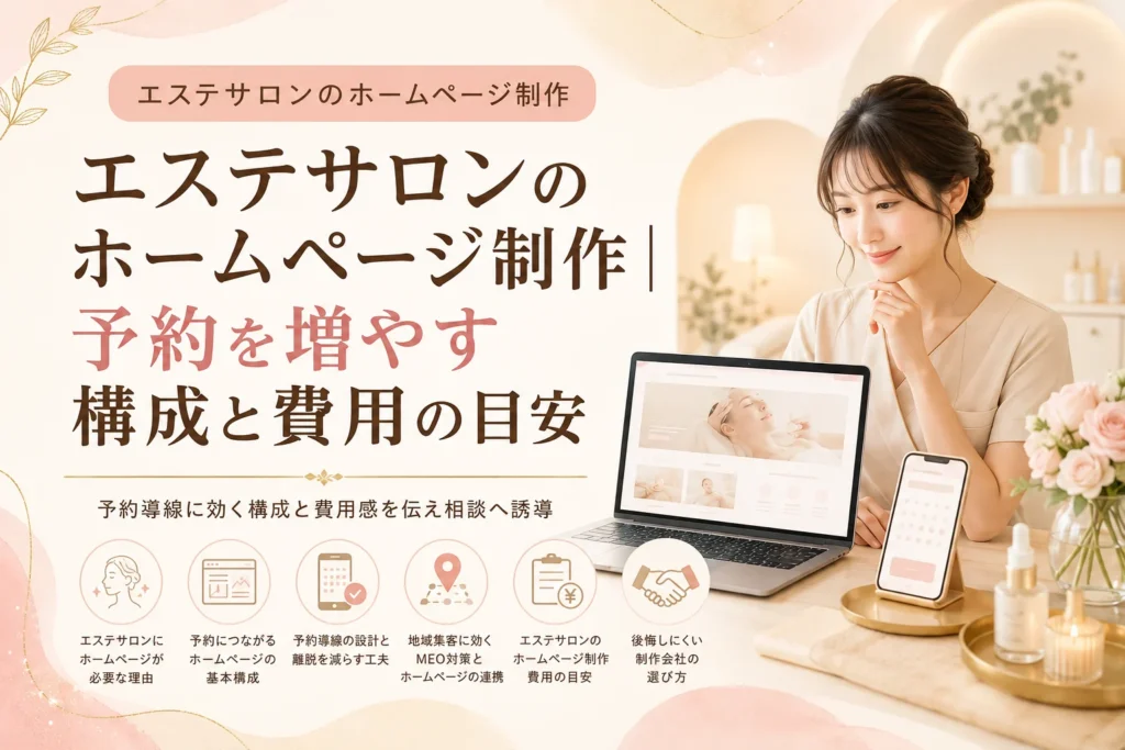 AIノーコードで制作された、予約を増やすエステサロン向けホームページのデザインをノートPCとスマートフォンで確認する女性。