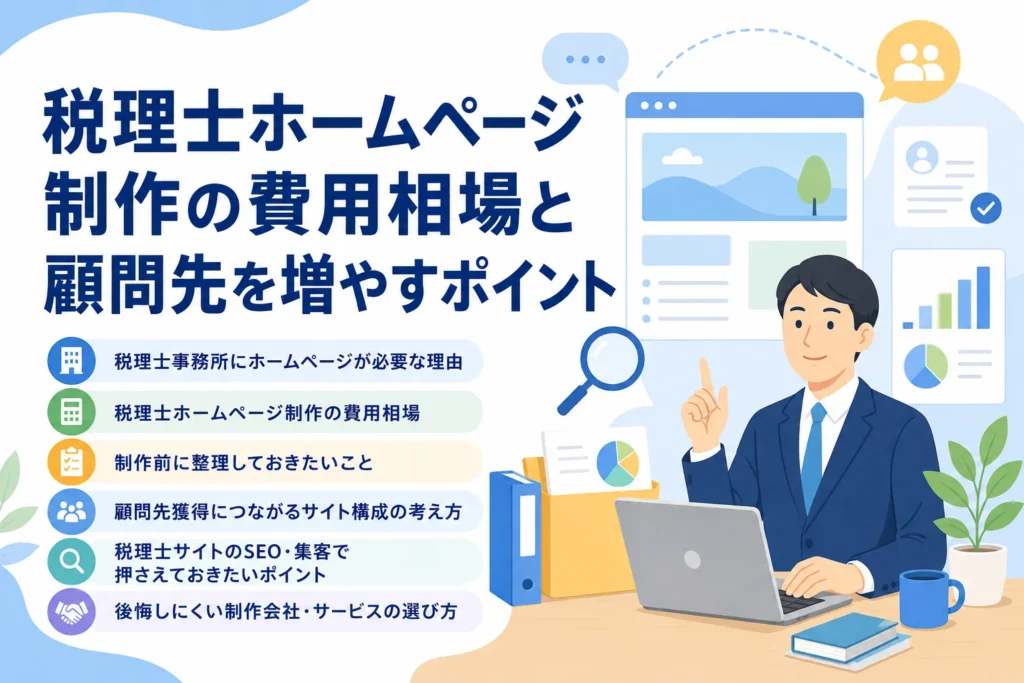 税理士向けホームページ制作の費用相場と顧問先獲得のポイントを、Webサイトやデータと共に解説するビジネスマンのイラスト。