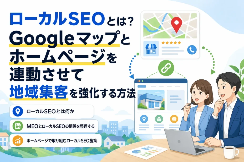 Googleマップとホームページを連携させ、ローカルSEOで地域集客を強化する方法を解説するビジネスパーソンとWebサイトのイラスト。