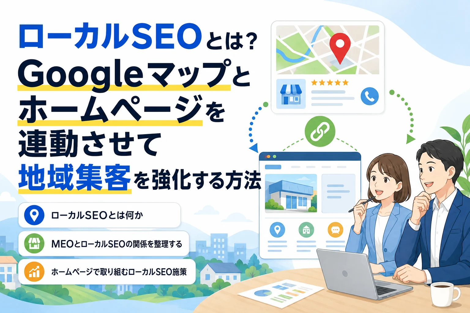 Googleマップとホームページを連携させ、ローカルSEOで地域集客を強化する方法を解説するビジネスパーソンとWebサイトのイラスト。
