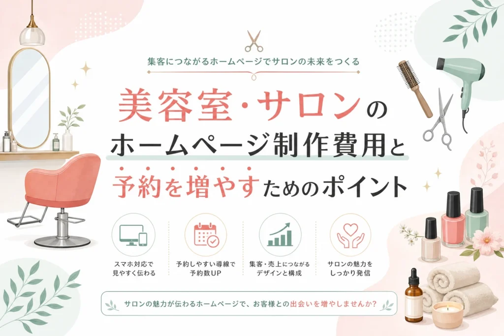 美容室・サロンがAIノーコードで集客と予約数を増やすためのホームページ制作のポイントを解説したイラスト。