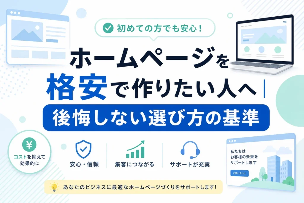AIとノーコードで格安ホームページ制作を検討中の方向けに、安心・信頼・集客・充実したサポートを強調したサービス説明画像。