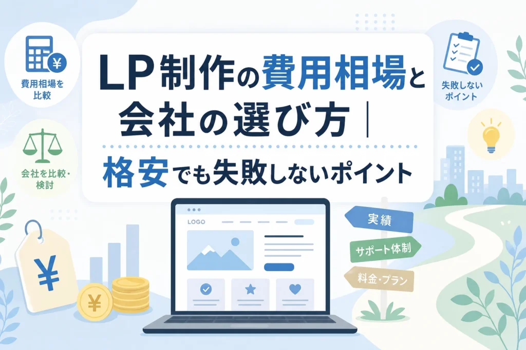 AIホームページ制作におけるLP制作の費用相場、会社選び、格安で失敗しない比較ポイントを示すイラスト。