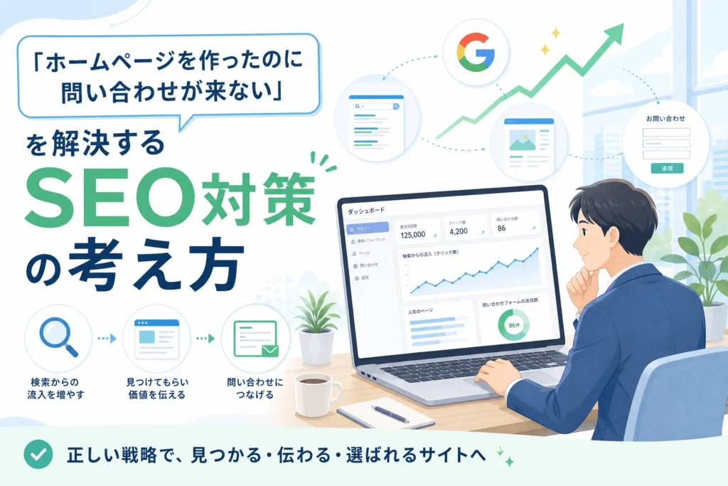 AIホームページ制作で集客と問い合わせ数増加を目指すSEO対策の考え方を、データ分析画面を見るビジネスマンと共に図解した画像。