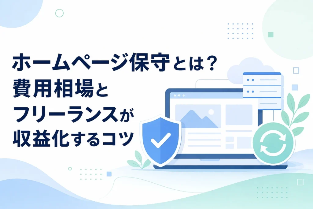 ホームページ保守とは？費用相場とフリーランスが収益化するコツと書かれた、ノートパソコン、セキュリティの盾、更新アイコンのイラスト。