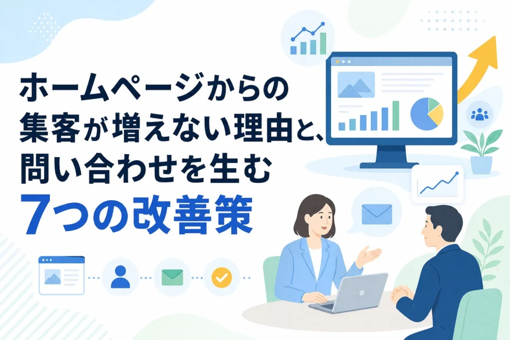 ホームページからの集客が増えない理由と問い合わせを増やす7つの改善策について、AIホームページ制作の専門家が説明するビジネスシーン。