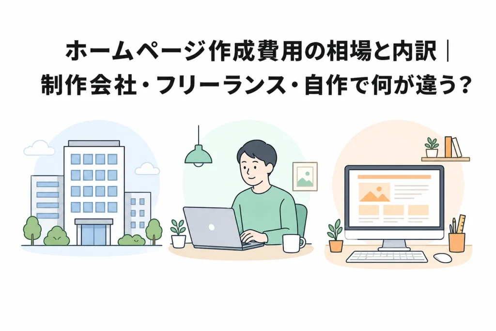 ホームページ作成費用の相場と内訳について、制作会社・フリーランス・自作のそれぞれの違いを比較したイラスト。