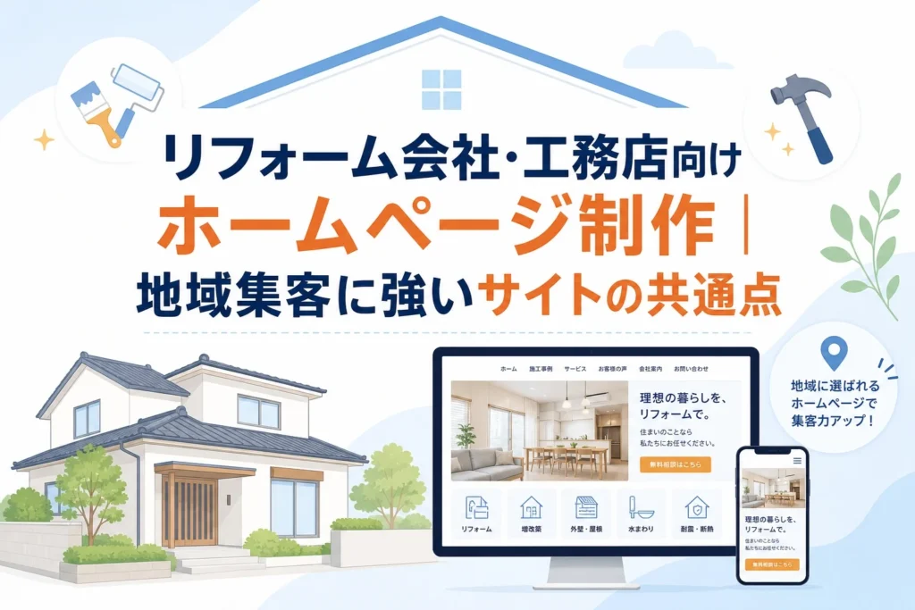 地域集客に強いリフォーム会社・工務店向けのAIホームページ制作サービスを、家とPCで示す画像。