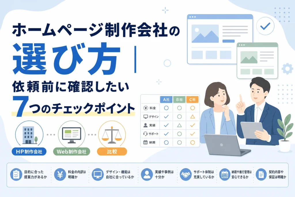 ホームページ制作会社の選び方として、料金・デザイン・実績など7つのチェックポイントを比較検討するビジネスパーソンとWebサイト画面のイラスト。
