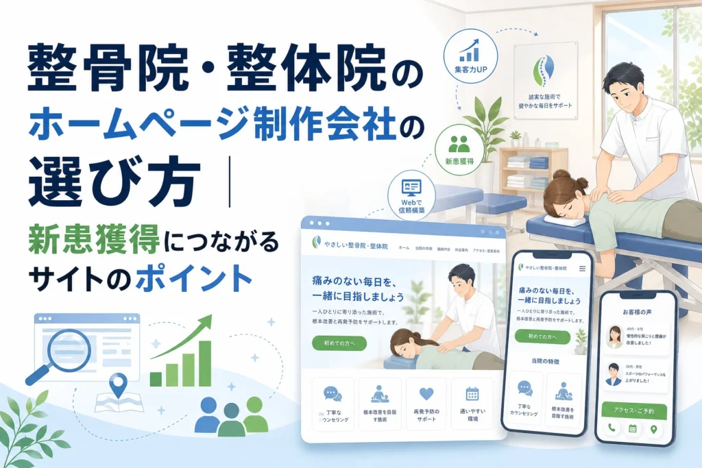 AIホームページ制作.jpが提案する、整骨院・整体院の新患獲得と集客力向上に貢献するホームページのイメージで、施術風景、PC・スマホでのサイト表示、効果を示すアイコンが特徴です。