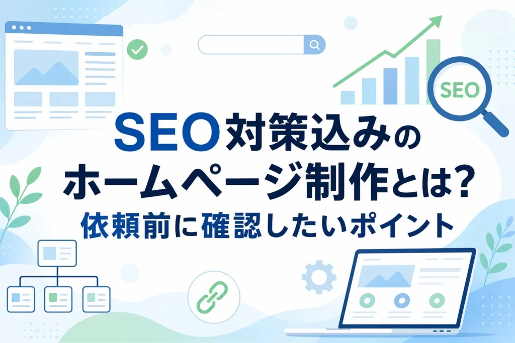 AIとノーコードで実現する、検索順位向上を目指すSEO対策込みのホームページ制作のイメージ。