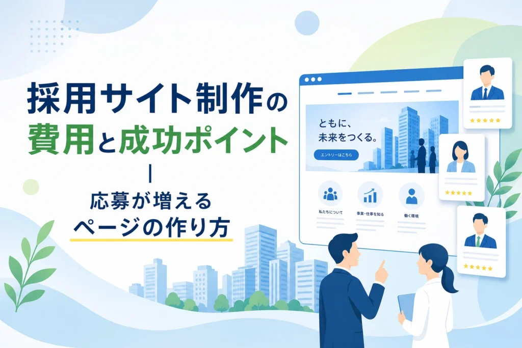 AIノーコードによる採用サイトの費用、成功ポイント、応募増加のためのホームページ制作を解説するイメージ。