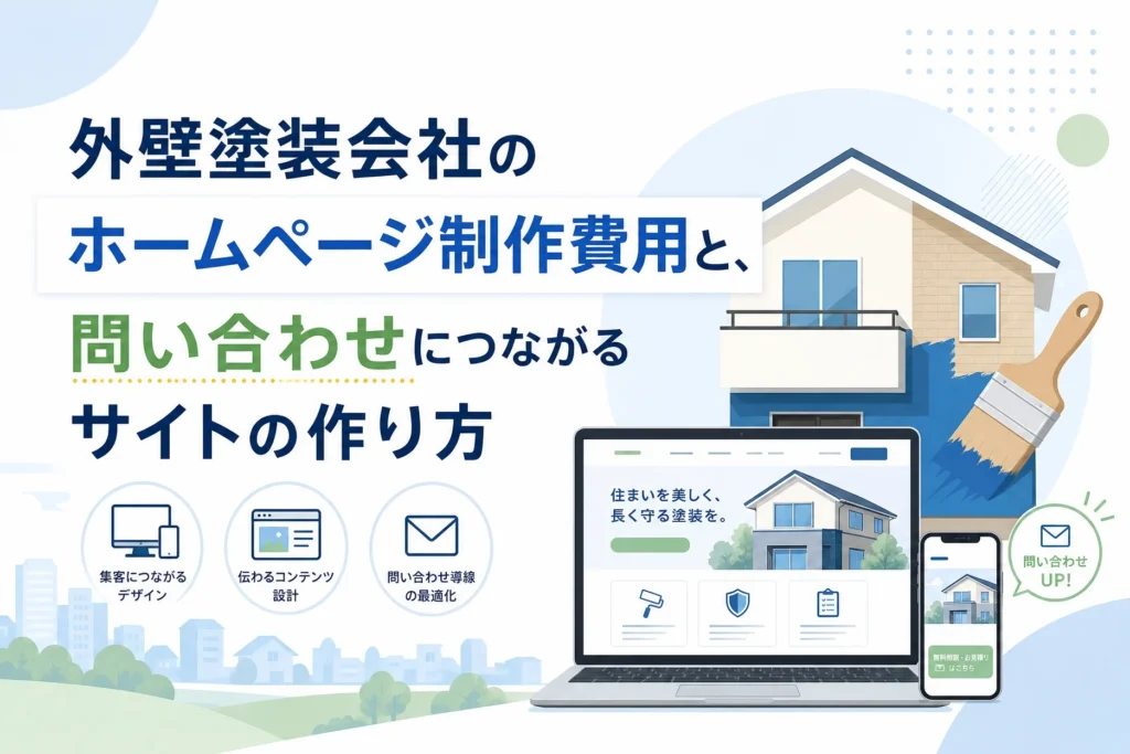 AIとノーコードで外壁塗装会社の問い合わせにつながるホームページを制作する費用と作り方を示すイラスト。