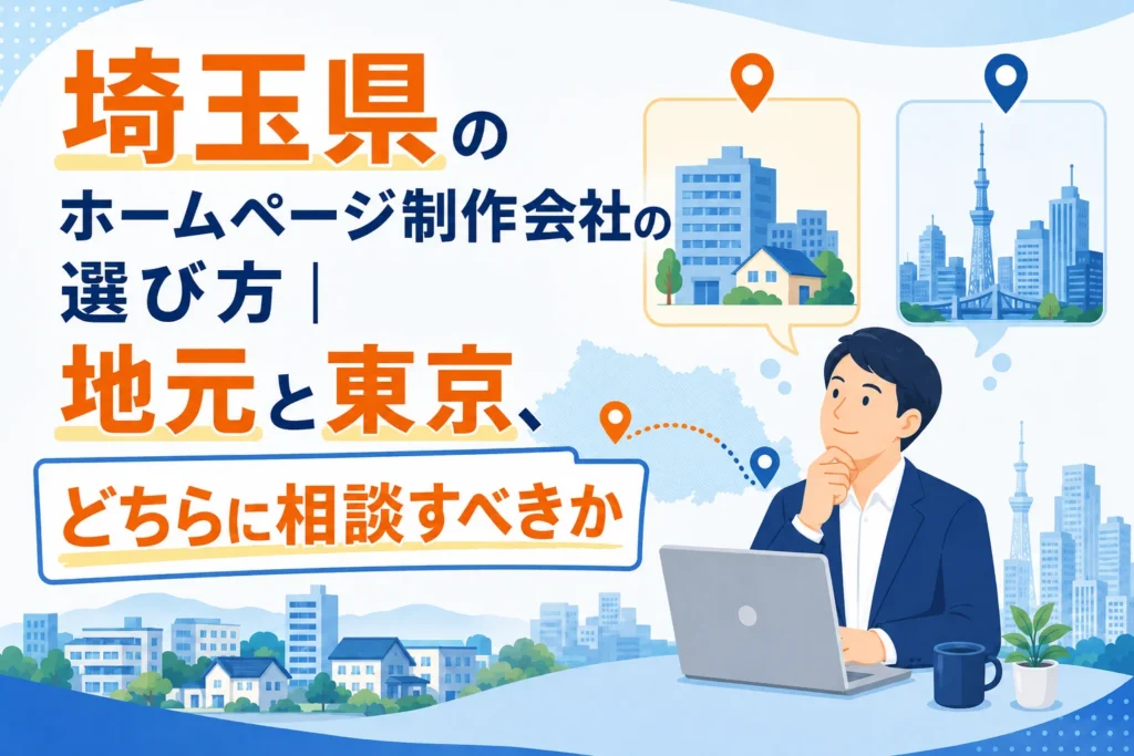 埼玉県でのAIホームページ制作を検討するビジネスマンが、地元と東京の制作会社選びで悩む様子を表すイラスト。