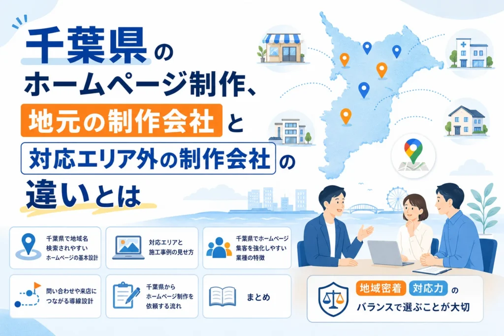 千葉県のホームページ制作において、地元制作会社と対応エリア外の制作会社の違いや地域密着の重要性を解説する図。