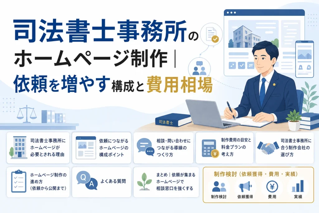 司法書士事務所のホームページ制作について、依頼獲得の構成、費用相場、進め方などをスーツ姿の男性とパソコン、複数の情報項目で解説するイラスト。