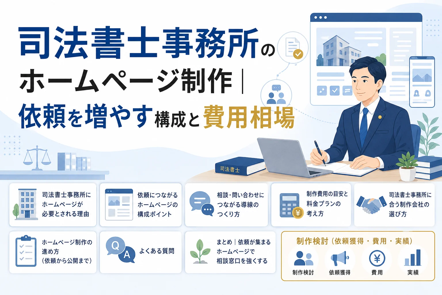 司法書士事務所のホームページ制作について、依頼獲得の構成、費用相場、進め方などをスーツ姿の男性とパソコン、複数の情報項目で解説するイラスト。