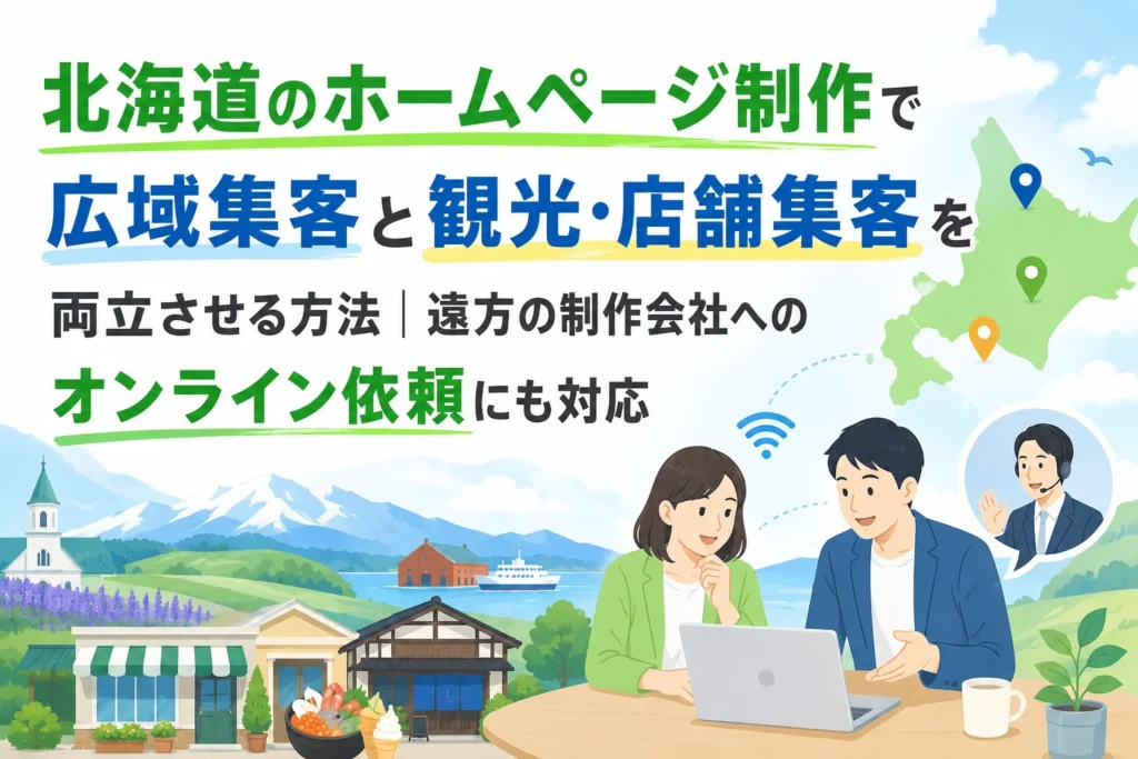 北海道の広域・観光・店舗集客に強いAIホームページ制作について、オンラインで相談する様子を描いたイラスト。