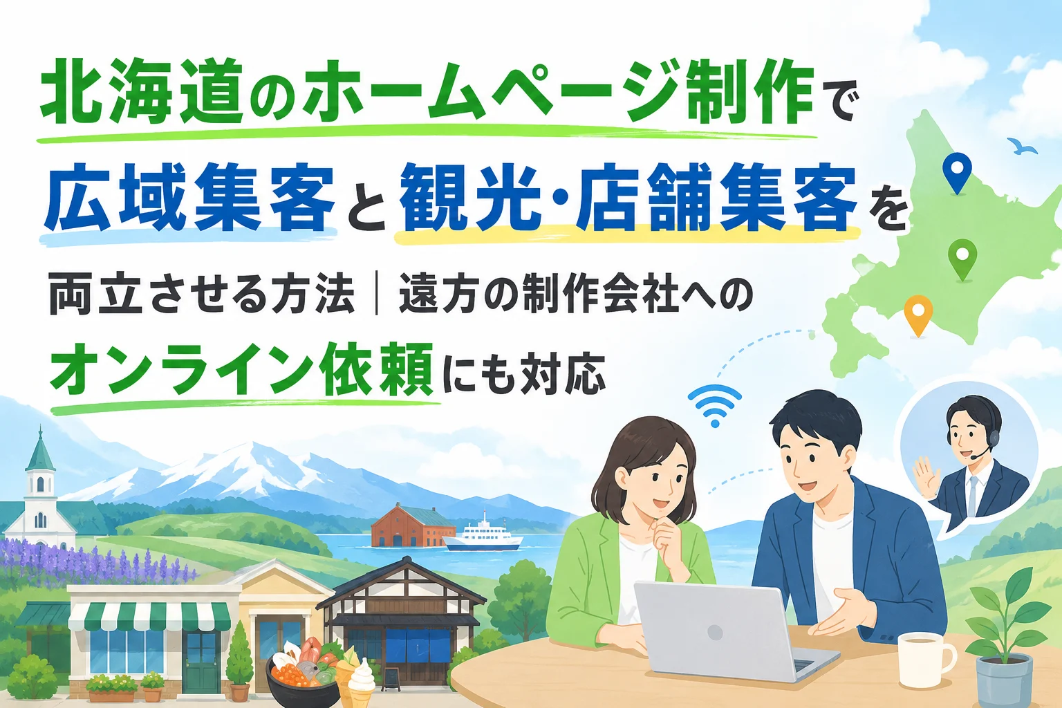 北海道の広域・観光・店舗集客に強いAIホームページ制作について、オンラインで相談する様子を描いたイラスト。