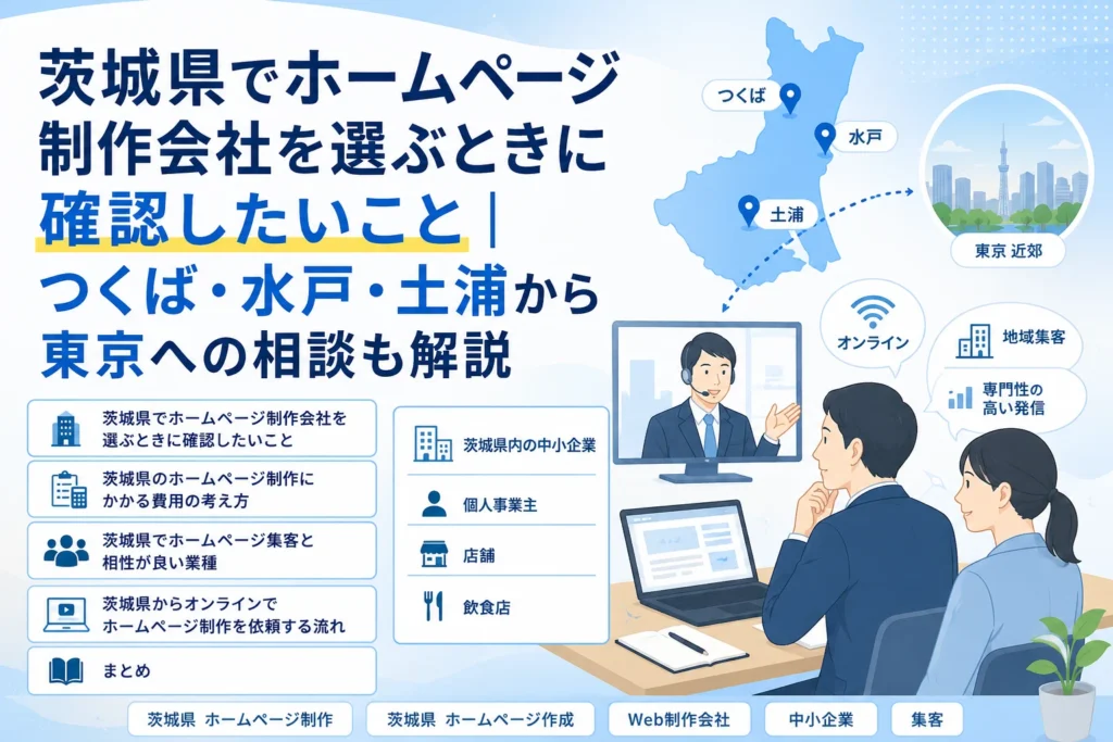 茨城県つくば・水戸・土浦から東京へも対応する、中小企業や店舗向けホームページ制作のオンライン相談を示すイラスト。
