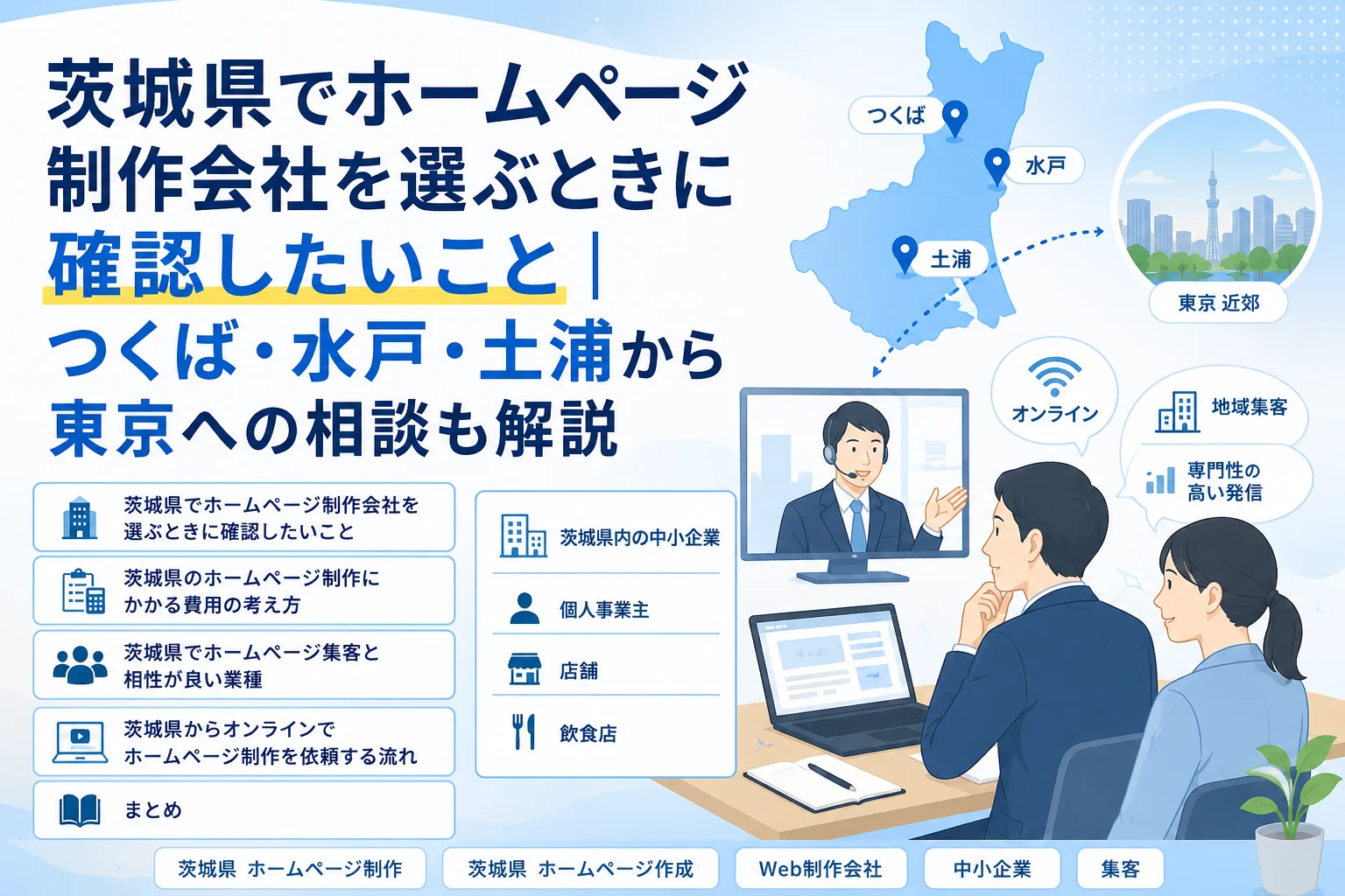 茨城県つくば・水戸・土浦から東京へも対応する、中小企業や店舗向けホームページ制作のオンライン相談を示すイラスト。