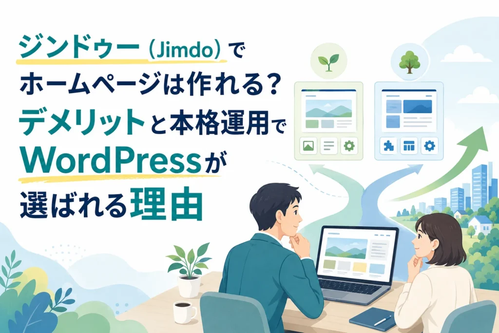 ジンドゥー(Jimdo)とWordPressでのホームページ制作を比較し、本格運用でWordPressが選ばれる理由とビジネス成長を示すAIホームページ制作関連のイラスト。