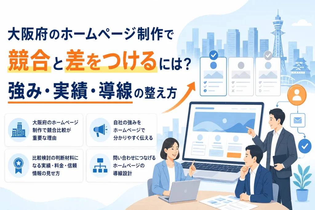 大阪府のホームページ制作で競合と差をつけるをテーマに、ビジネスパーソンがAIホームページ制作の強み・実績・導線設計について議論しているイラスト。