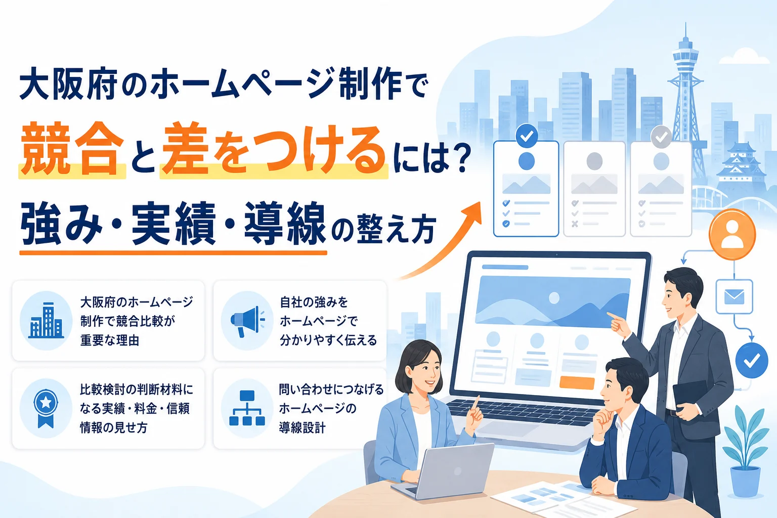 大阪府のホームページ制作で競合と差をつけるをテーマに、ビジネスパーソンがAIホームページ制作の強み・実績・導線設計について議論しているイラスト。