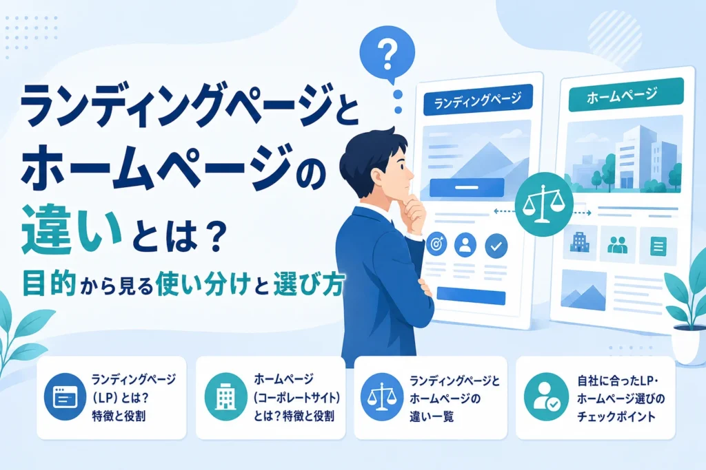 ランディングページとホームページの違いを目的別に比較検討し、最適なWebサイト制作を考えるビジネスマンのイラスト。