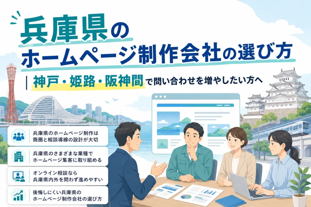 兵庫県の有名観光地を背景に、AIとノーコードで問い合わせを増やしたい企業へ、ホームページ制作会社の担当者が選び方や集客戦略を説明する会議風景。