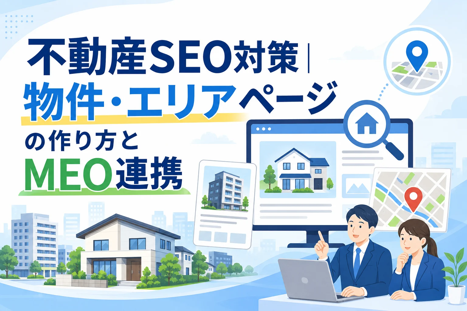 AIホームページ制作で実現する不動産SEO対策、物件・エリアページの最適化、MEO連携を、ビジネスパーソンがWebサイトで解説するイラスト。