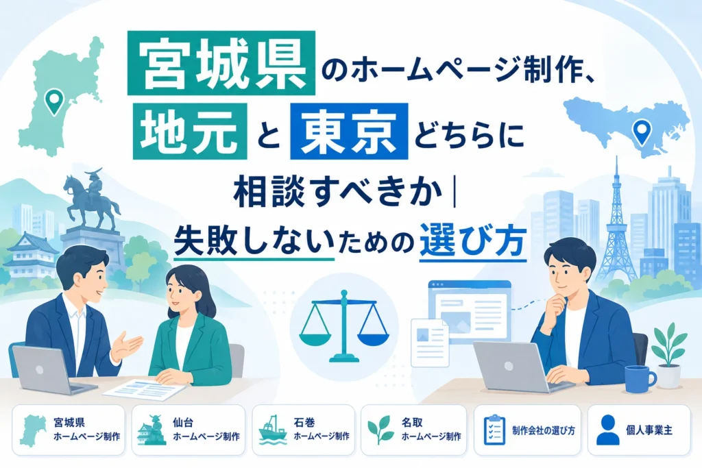 宮城県のホームページ制作において、地元と東京どちらに依頼すべきか、失敗しないための選び方を比較検討するイラスト。