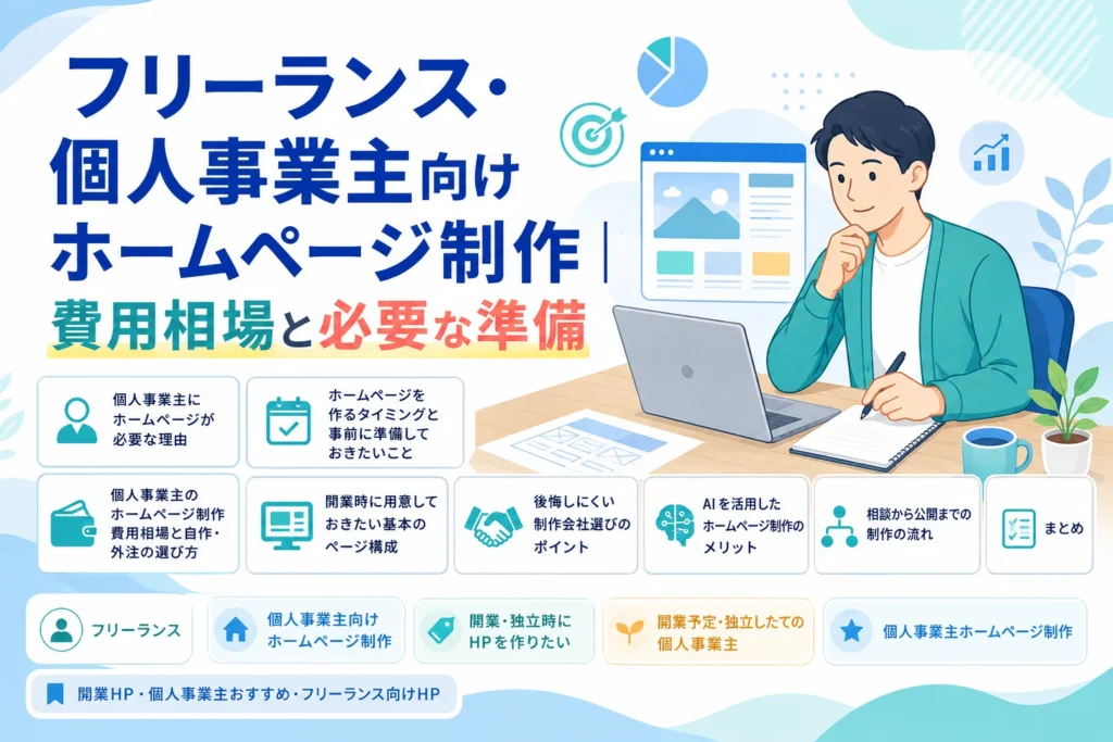AI・ノーコードでオリジナルデザインのホームページ制作を検討するフリーランスや個人事業主が、費用相場や必要な準備について学ぶ様子。