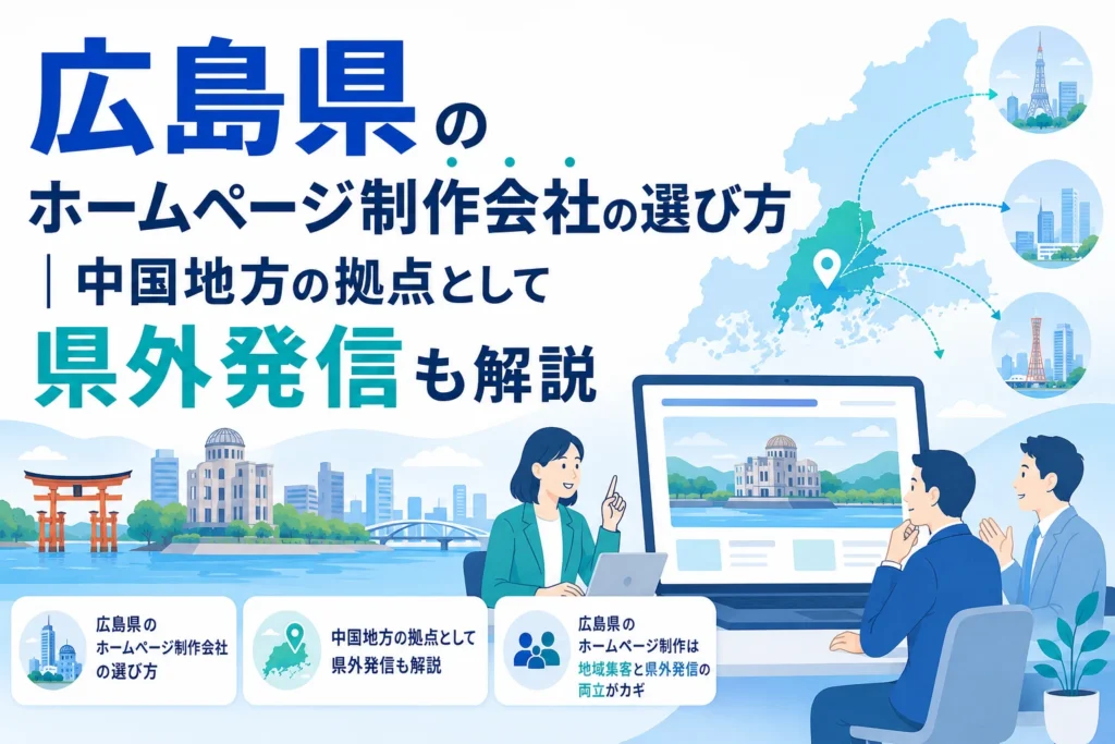 広島県の地図とランドマークを背景に、AIホームページ制作を通じて地域集客と県外発信を両立させる選び方について話し合うビジネスパーソンのイラスト。